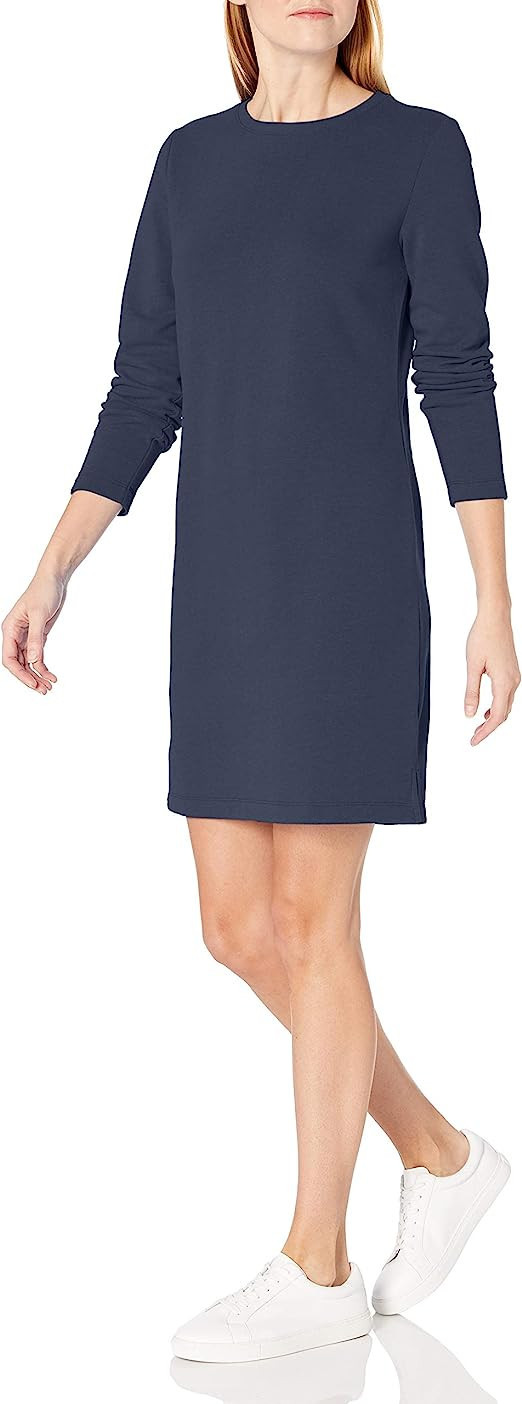 Amazon Essentials Women's Crewneck Long-Sleeve French Terry Fleece Above-The-Knee Dress | Amazon (US)