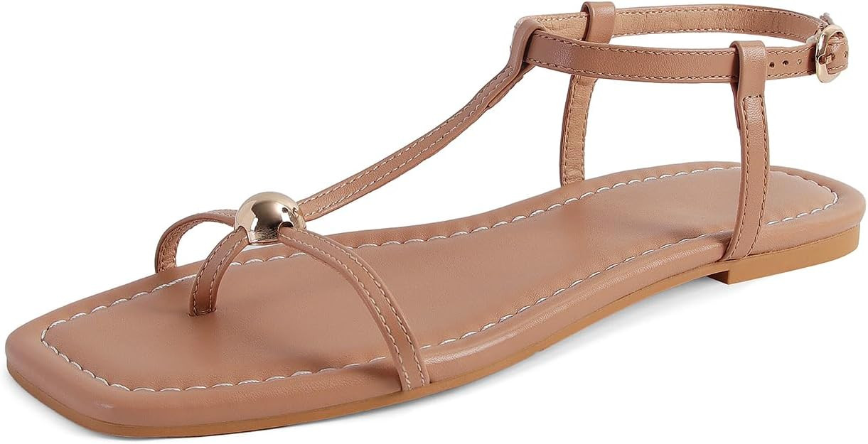 SOVANYOU Women's Flat Strappy Sandals Comfortable Summer Beach Sandals With Ankle Straps Square O... | Amazon (US)