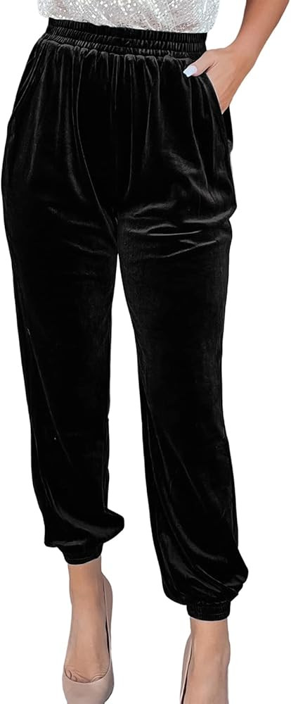 Cyparel Womens Elastic Waist Velvet Trousers Casual High Waist Joggers Loose Straight Leg Long Pa... | Amazon (US)