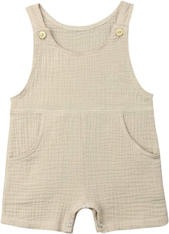 Baby Boys' Short Sleeve Rompers Jumpsuit with Pocket,Organic Cotton and Linen Sleeveless One-Piec... | Amazon (US)