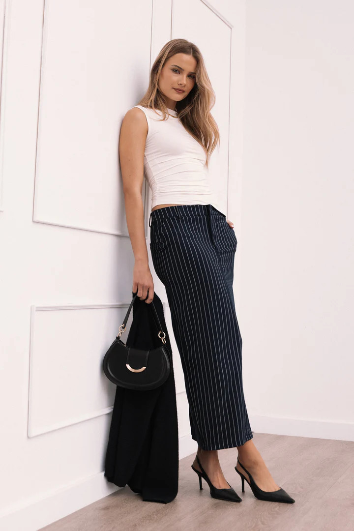 Ellory Midi Skirt - Navy Pinstripe | Petal & Pup (US)