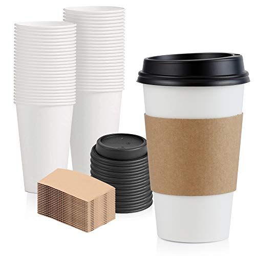 [50 Pack] 16 oz Hot Beverage Disposable White Paper Coffee Cup with Black Dome Lid and Kraft Sleeve  | Amazon (US)