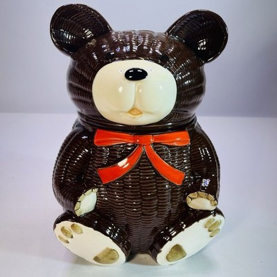 Vtg Otagiri Ceramic Bear Cookie Jar 10" Lidded Pot JAPAN Basket weave Red Bow | eBay US