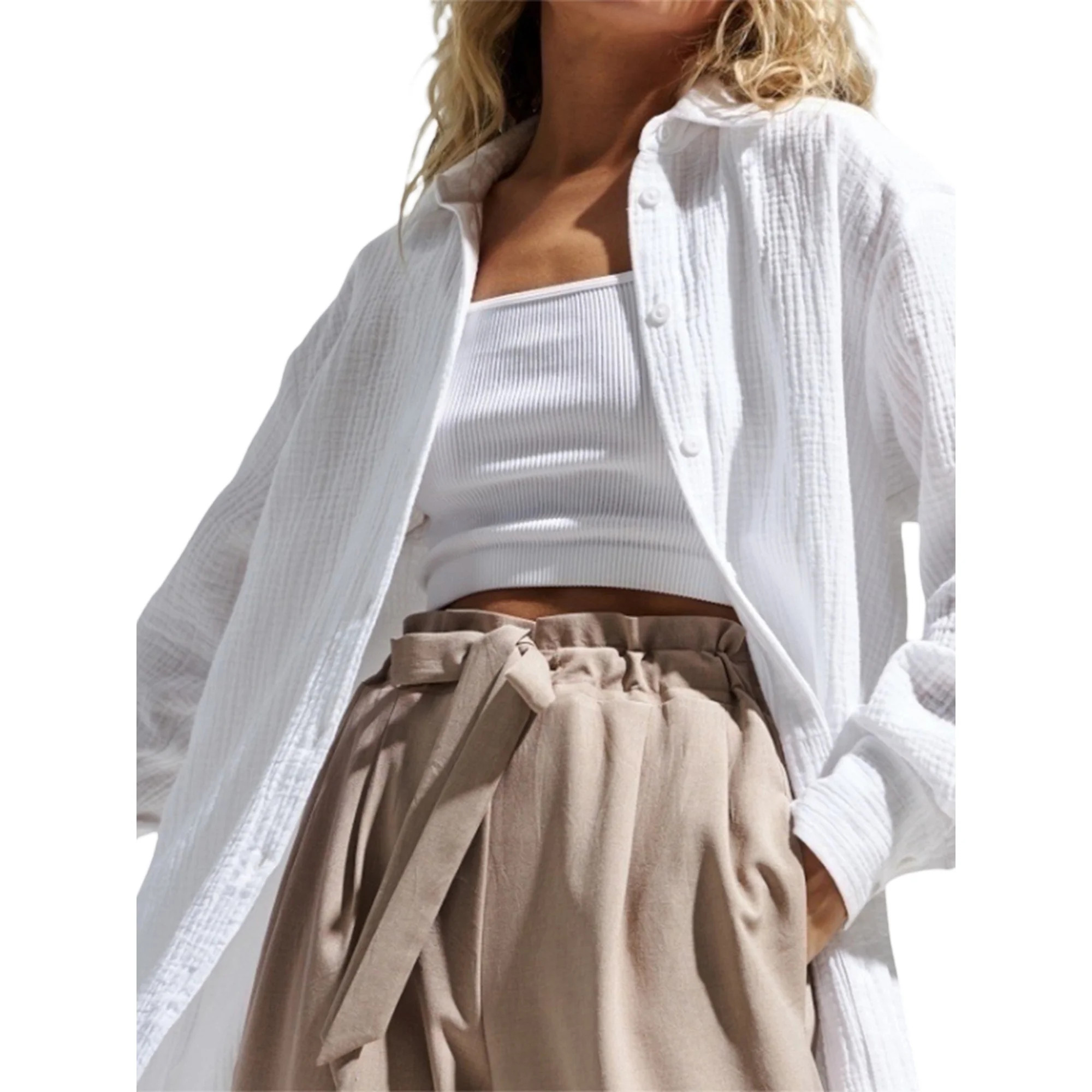 Women Oversized Long Sleeve Shirt Cotton Linen Button Down Lapel Blouse Casual Solid Color Work T... | Walmart (US)