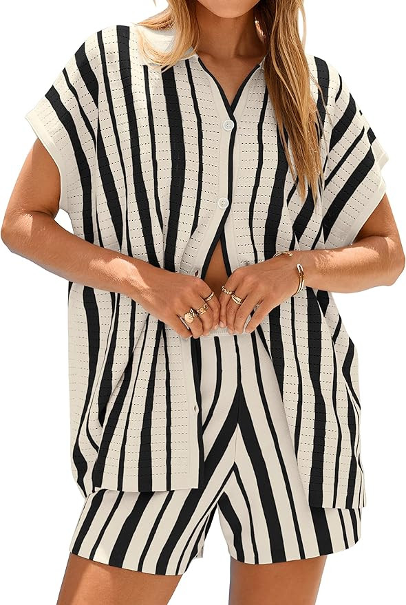 Glamaker Summer 2 Piece Shorts Sets Women Beach Vacation Crochet Button Striped Outfits Sweater C... | Amazon (US)
