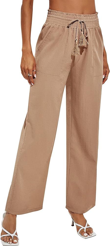 Rapbin Women's Cotton Linen Pants Casual Drawstring Loose Elastic Waist Beach Trousers with Pocke... | Amazon (US)