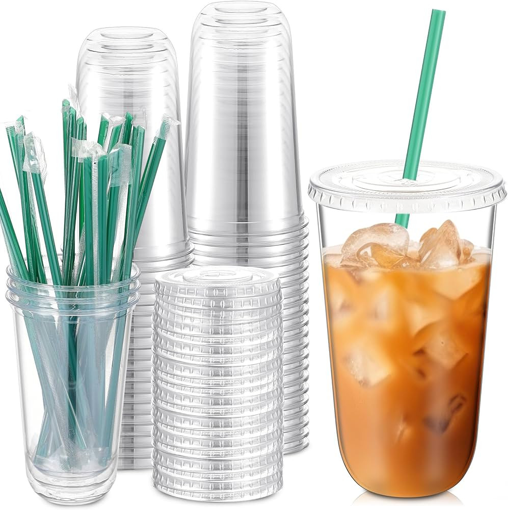 Baderke 25set Clear Plastic Cups with Lids and Straws, Disposable Plastic Iced Coffee Cups Pet Cu... | Amazon (US)