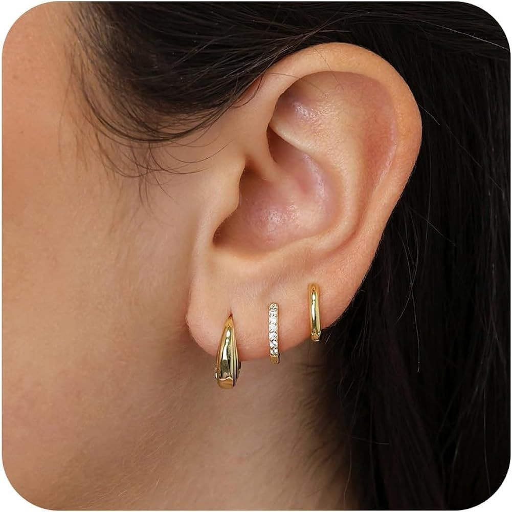 Gold Hoop Earrings Set for Women, 14K Small Huggie Earrings for Multiple Piercing Hypoallergenic ... | Amazon (US)