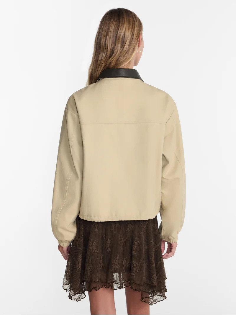 No Boundaries Cotton Twill Barn Jacket with Faux Leather Collar, Women's XXS-4X | Walmart (US)