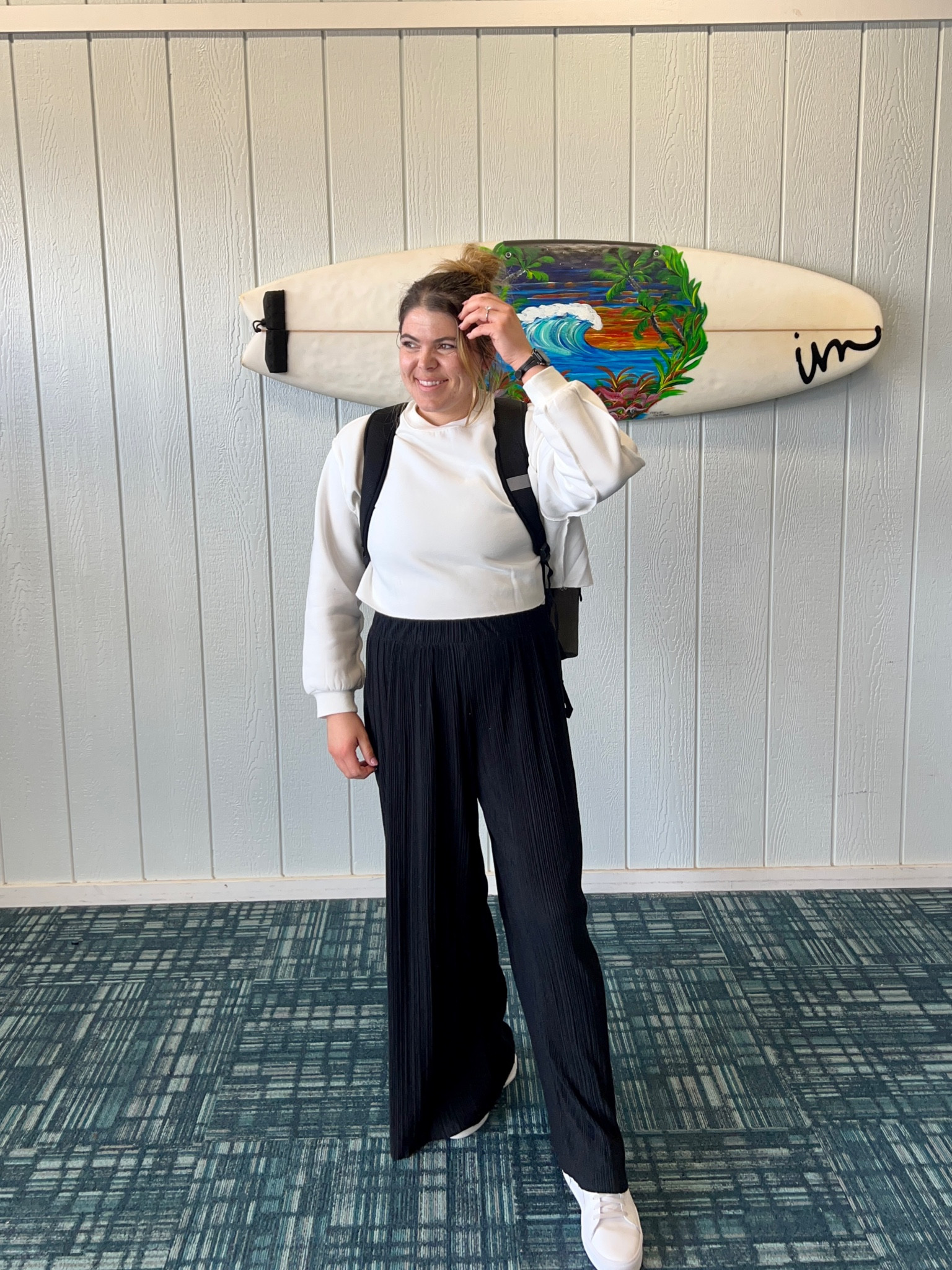 My travel outfit for a long-haul flight to Maui! I wanted something comfortable that I wasn’t going to be called in on the plane, but could remove layers once we landEd! I got on a cropped crewneck from Amazon but I also have your ones from target that I love so much! Plisse pants are a size medium long from Abercrombie! 

#LTKtravel #LTKcurves #LTKunder50