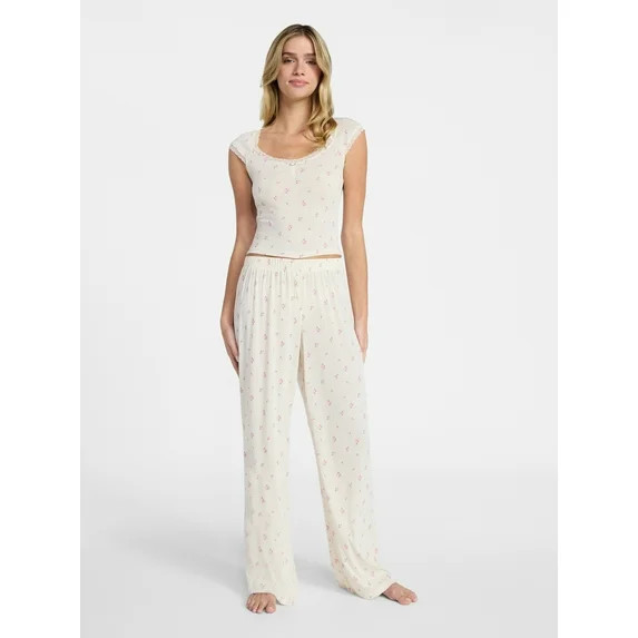No Boundaries Sleep Pointelle Baby Tee and Pants Set, 2-Piece, Women’s XXS-3X | Walmart (US)
