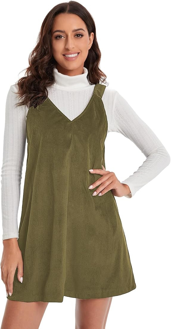 Milumia Women's V Neck Corduroy Pinafore Overall Mini Dress Jumper Dress | Amazon (US)