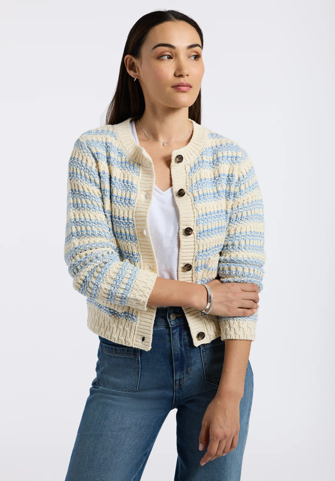 Amaranth Women's Striped Open Knit Cardigan, Cloud & Blue - SW0113P | Buffalo David Bitton