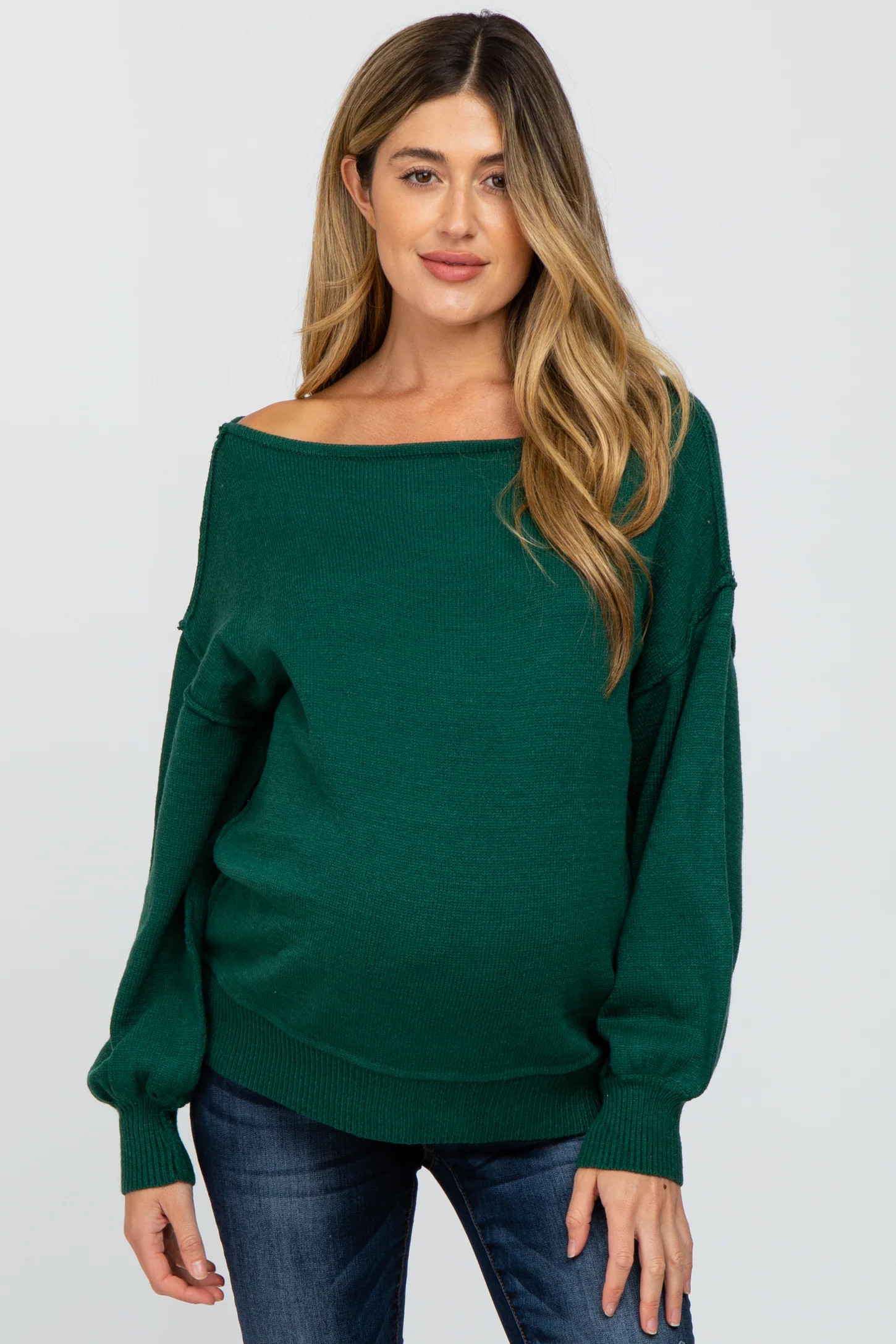 Emerald Green Boat Neck Bubble Sleeve Maternity Sweater | PinkBlush Maternity