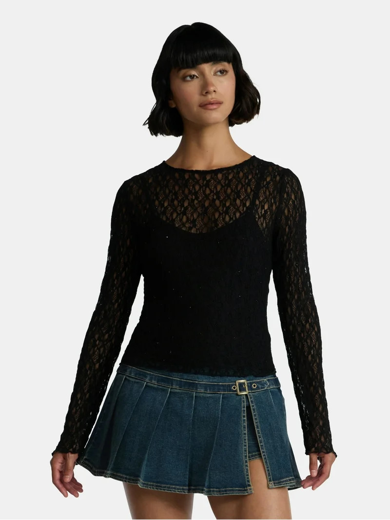 Madden NYC Women’s Lace Rhinestone Top with Long Sleeves, Sizes XXS-XXL | Walmart (US)
