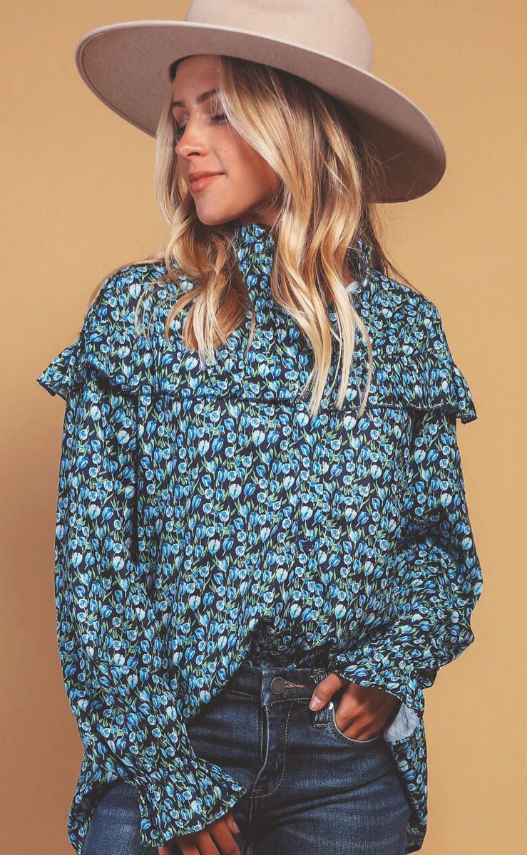 fall florals chiffon blouse - navy | RIFFRAFF