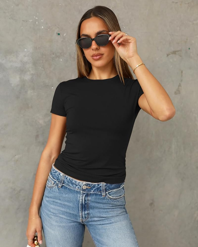 Abardsion Women's Casual Basic Going Out Crop Tops Slim Fit Short Sleeve Crew Neck Tight T Shirts... | Amazon (US)