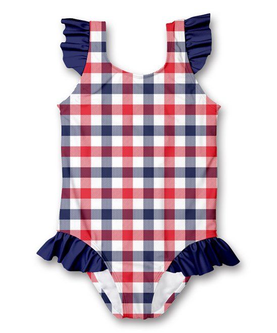 Navy & Red Gingham Ruffle-Accent One-Piece - Infant, Toddler & Girls | Zulily
