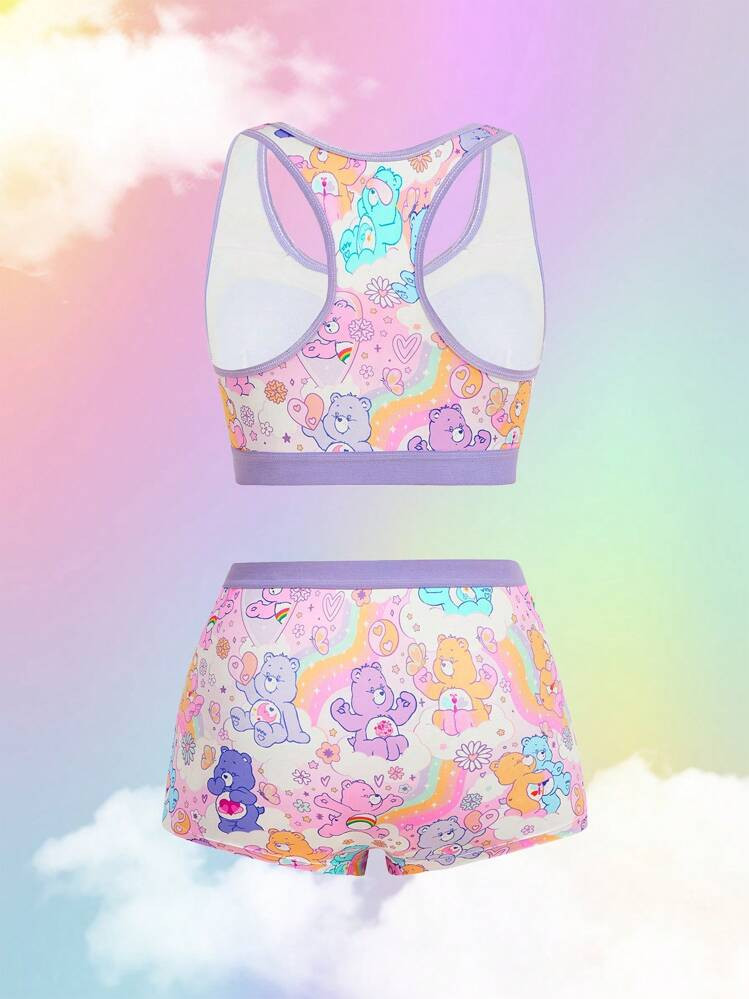 SHEIN X Care Bears 2pcs Plus Size Women's Purple Cute & Comfortable Bear Print Removable Soft Cup Bra And Boyshorts Set,Sport,Yoga,Workout Sets,Kawaii,Y2K,Cute,Sweet | SHEIN