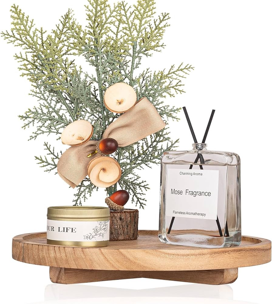 Round Decorative Tray Wood Bathroom Counter Organizer Farmhouse Kitchen Decor Wooden Riser for So... | Amazon (US)