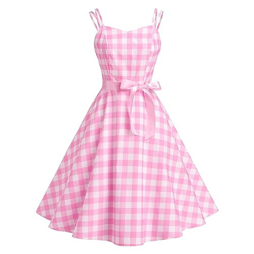 Pink Gingham Swing Dress Women 1950 Pink Plaid Dresses Sleeveless Spaghetti Strap Pink White Gingham Dress Retro Pink White Gingham Small | Amazon (US)