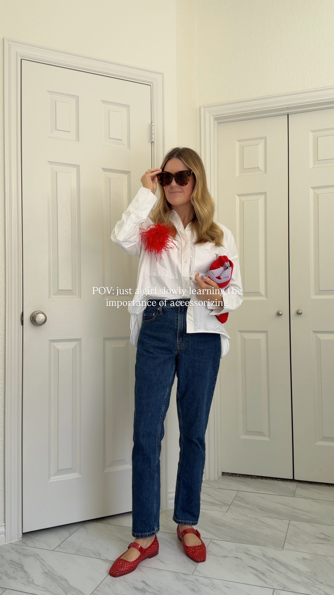 White button down shirt, jelly flats, and accessories 
