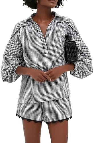 VAOYIU Two Piece Sets for Women Casual Summer Gingham Outfit Puff Sleeve Crew Neck Top Matching S... | Amazon (US)