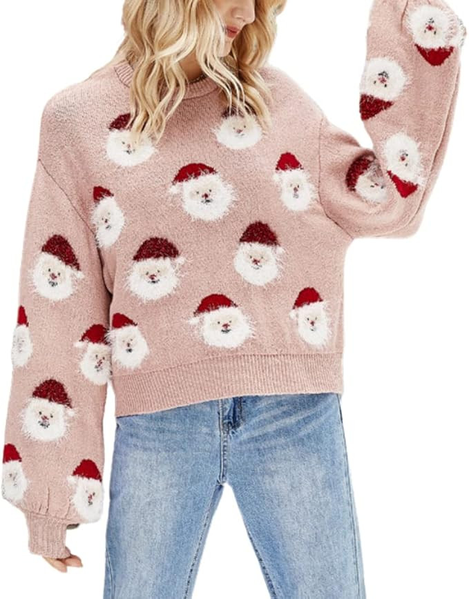 Fronage Winter Christmas Casual Women's Long Sleeve Sweater Santa Claus Print Pullover Knit Tops ... | Amazon (US)