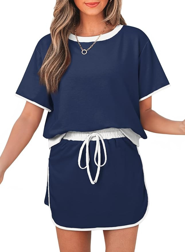 Women's 2 Piece Sets Summer Casual Short Sleeve Tops and Matching Drawstring Skort Going Out Loun... | Amazon (US)