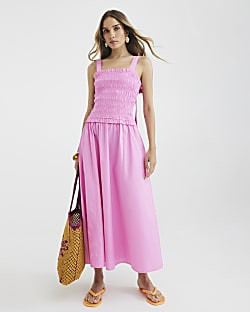 Pink Shirred Midi Dress | River Island UK & IE