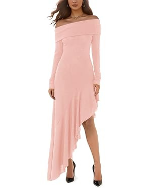 Fisoew Women's Off The Shoulder Long Sleeve Maxi Dress Fall Casual Ruffle Irregular Hem Wedding G... | Amazon (US)