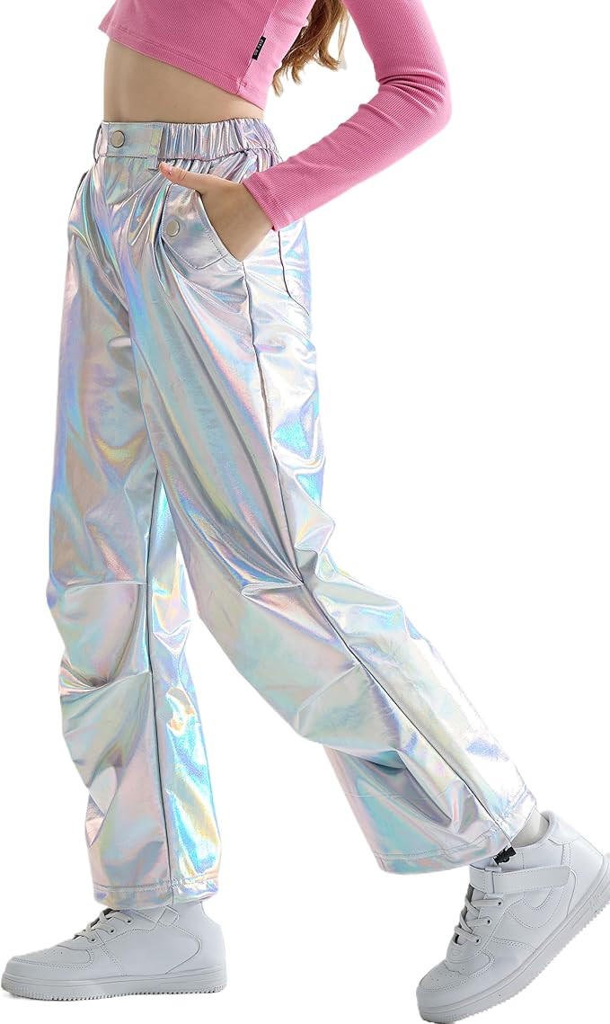 LOLANTA Girls Metallic Jogger Pants, Shiny Jazz Street Hip Hop Dance Pants 7-16, Convertible Leg ... | Amazon (US)