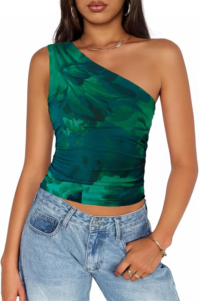 ZESICA Womens Summer Floral Going Out Tank Tops 2026 Off Shoulder Slim Fit Y2K Crop Mesh Top Beac... | Amazon (US)