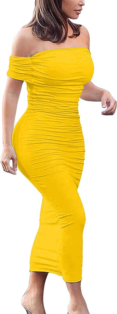 GOBLES Women's Ruched Off Shoulder Short Sleeve Bodycon Midi Elegant Cocktail Party Dress | Amazon (US)