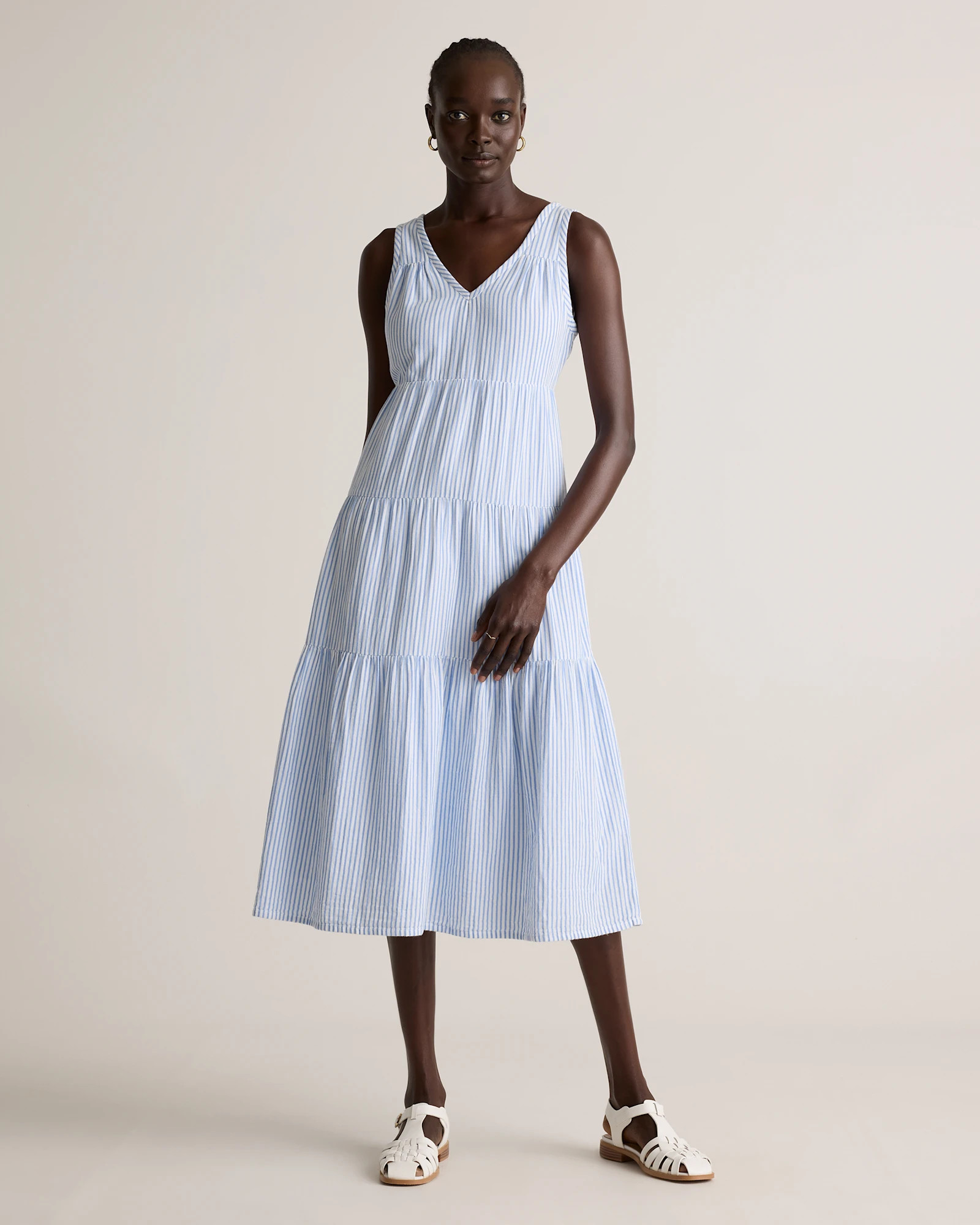 100% Organic Cotton Gauze Tiered Maxi Dress in Bayside Stripe Blue/white | Quince