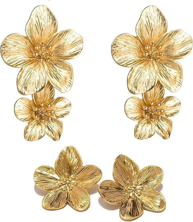 Gold Flower Earrings, 2 Pairs Gold Statement Earrings Flower Earrings for Women, Big Vintage Dang... | Amazon (UK)