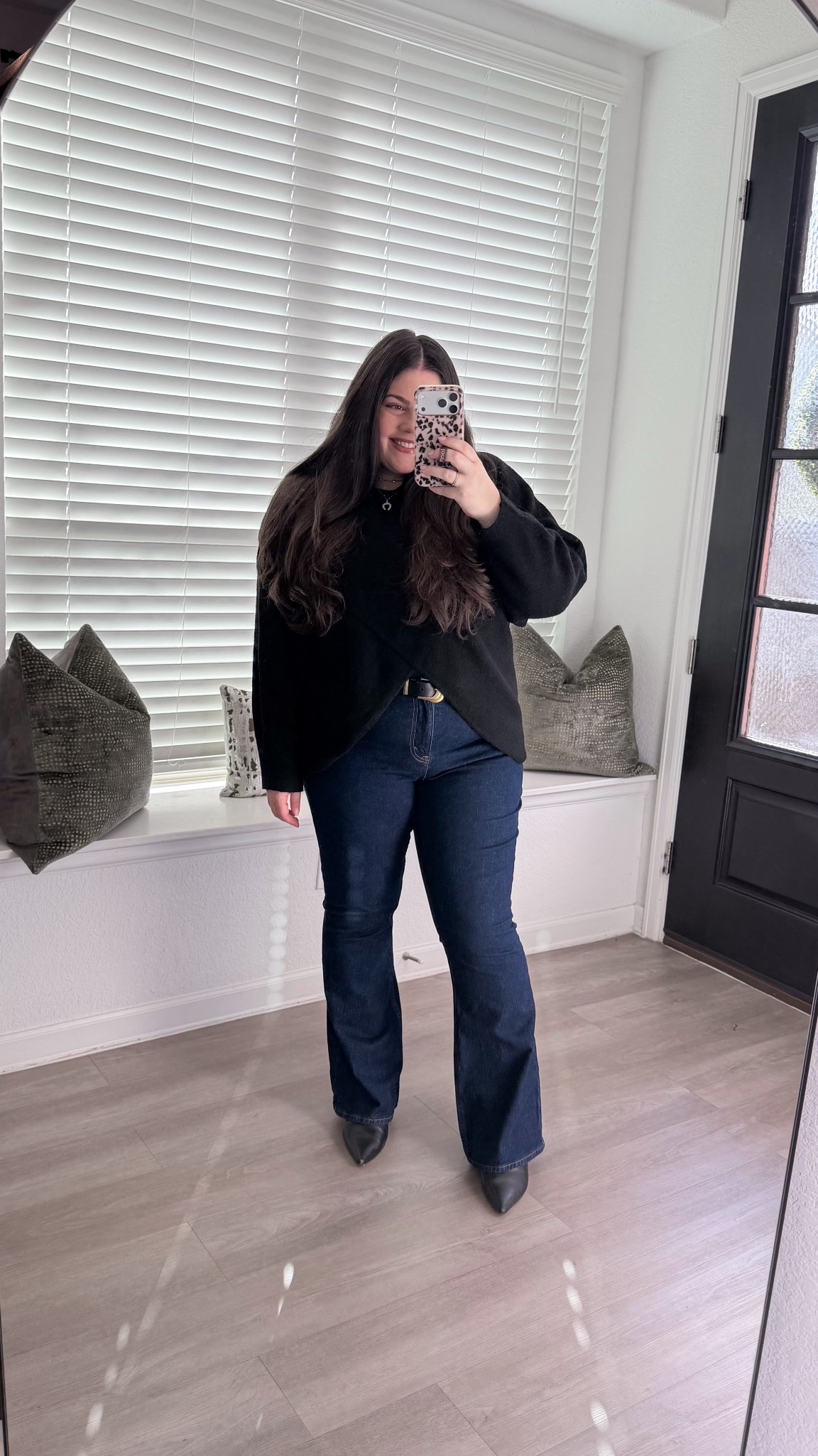 Black sweater. Crisscross sweater. Asymmetrical sweater. Boot cut jeans. Abercrombie boot cut jeans. Belt. Western belt. Affordable belt. Church outfit. Church OOTD. Sunday outfit. Black outfit.

#LTKFindsUnder50 #LTKootd #LTKFindsUnder100