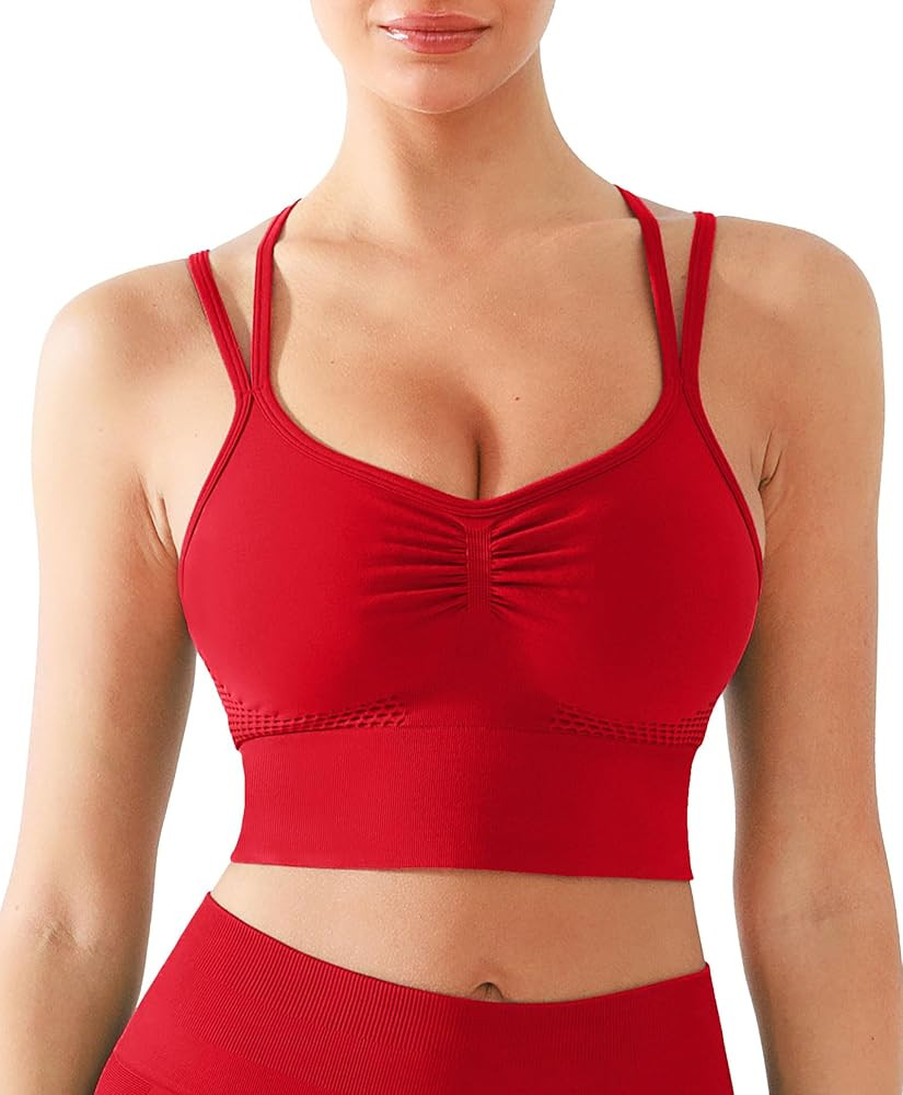 BRXL Strappy Ruched Sports Bra for Women Breathable Seamless Criss Cross Back Light Support Unpad... | Amazon (US)