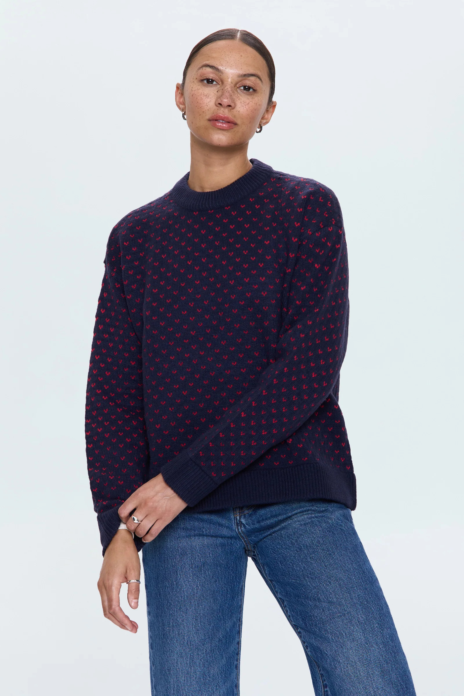 Hanna Oversized Sweater - Navy Red Hearts | Pistola Denim