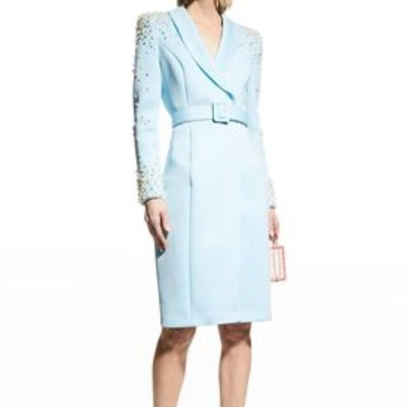 Badgley Mischka Embellished Scuba Coat Dress in Light Blue NWT Retail $495 | Poshmark