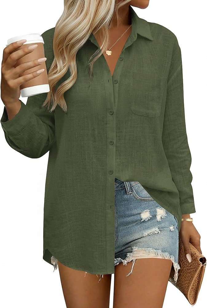 HOTOUCH Womens Button Down Shirts Linen Cotton Long Sleeve Blouses Casual Collared Loose Fit Gauz... | Amazon (US)