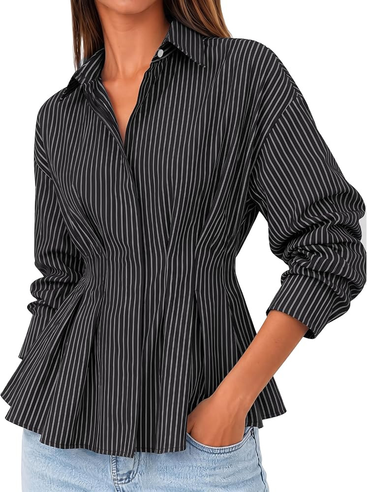Cicy Bell Women Striped Peplum Button Shirts Business Casual Pleated Blouse | Amazon (US)
