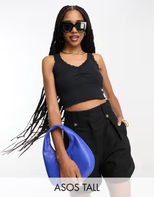 ASOS DESIGN Tall linen mom short with waist tabs in black | ASOS (Global)