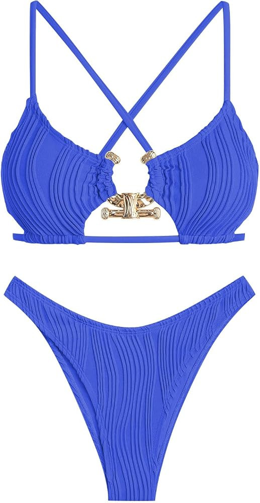 ZAFUL Women's Sexy Cutout Bikini Set High Cut Textured Metal Ring Cheeky Swimsuit Two Piece Bathi... | Amazon (US)