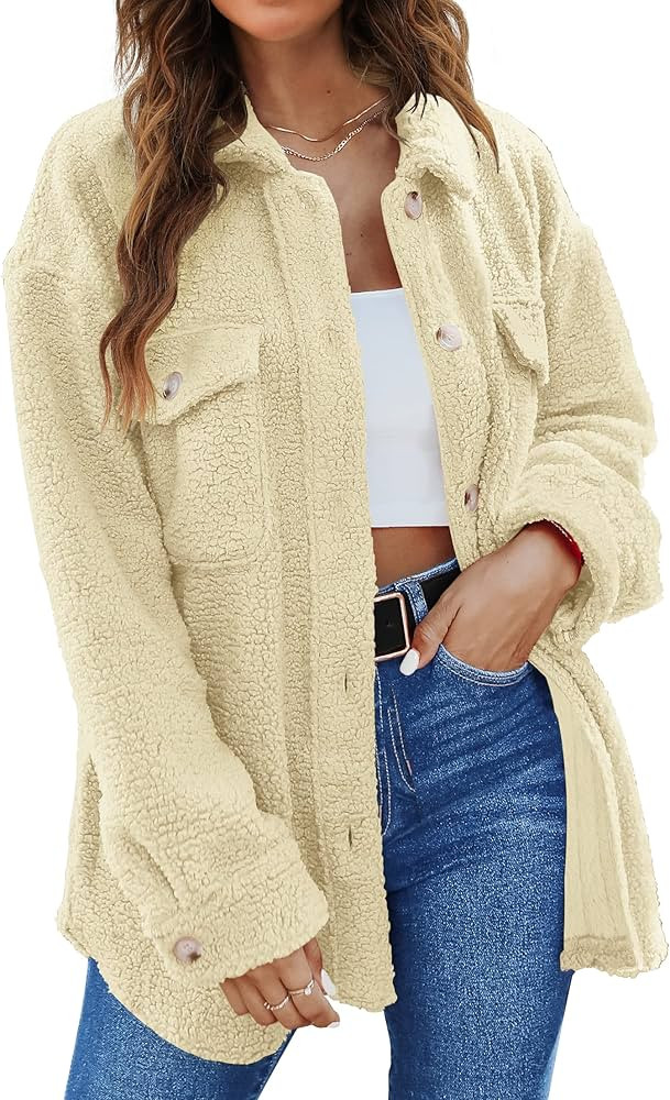 TECREW Women's Winter Sherpa Fleece Jacket Button Down Fuzzy Shacket Outwear Coat with Pockets | Amazon (US)