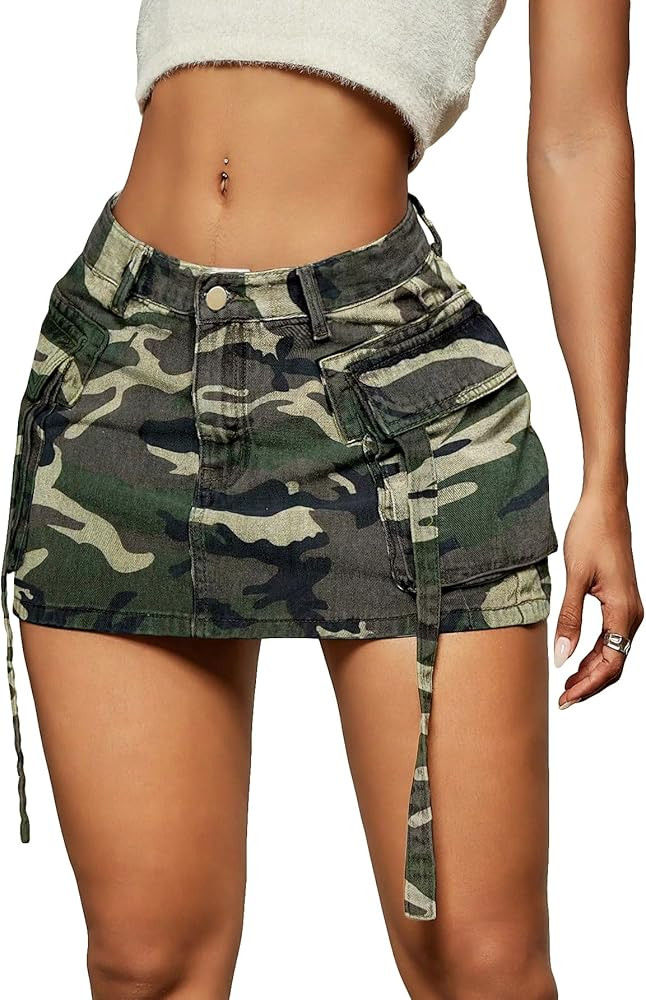 Verdusa Women's Casual Street Low Waist Tape Denim Cargo Mini Skirt with Flap Pocket | Amazon (US)