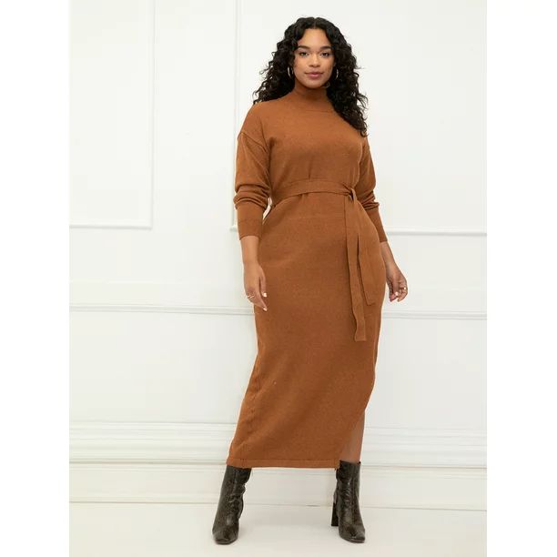 ELOQUII Elements Women's Plus Size Long Funnel Neck Sweater Dress - Walmart.com | Walmart (US)