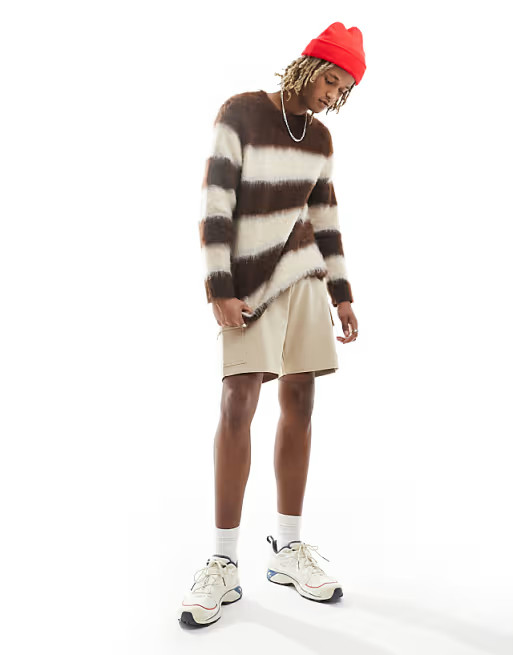 ASOS DESIGN knitted extreme fluffy jumper in brown stripe | ASOS (Global)