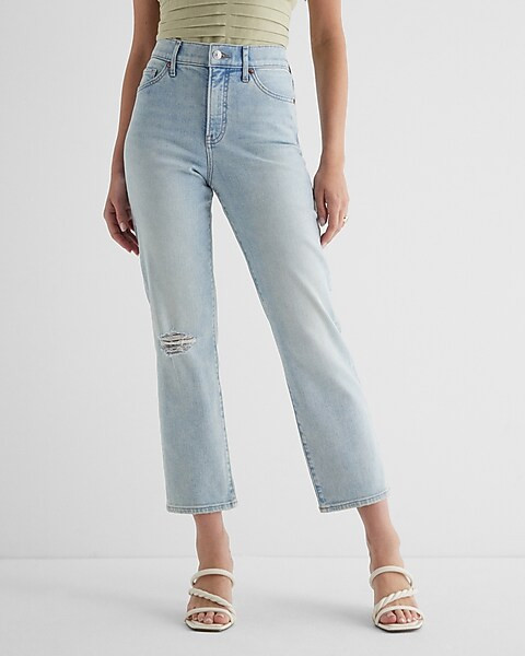 High Waisted Light Wash Ripped Straight Ankle Jeans | Express