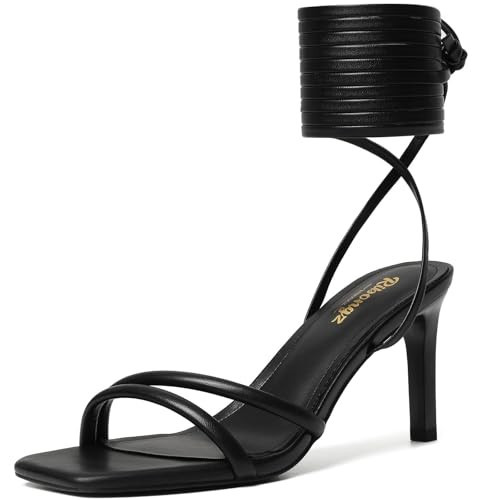 RIBONGZ Black Strappy Heels for Women Square Open Toe Tie Up Sandals Ankle Strap Lace Up Stiletto High Heels Sexy for Wedding Prom Party Comfort Dress Shoes 9 | Amazon (US)